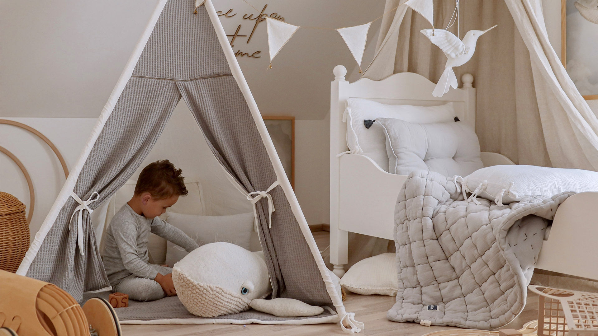 Vaikiška tipi palapinė su kilimėliu - kreminė - Image 8