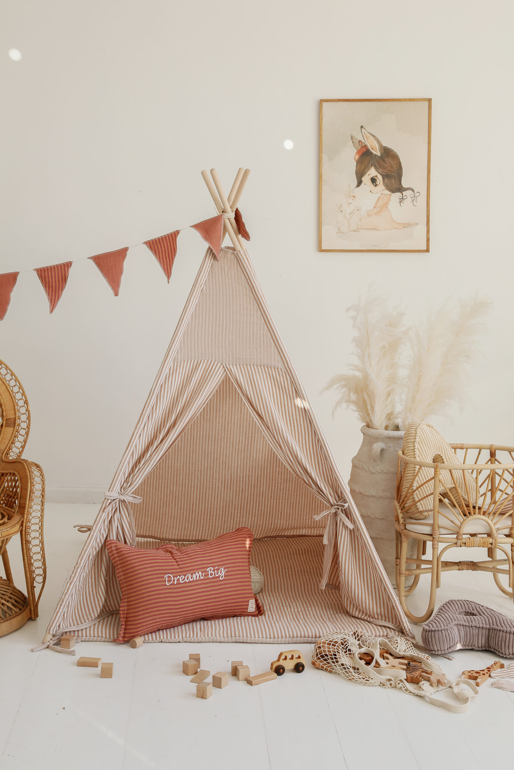 Dryžuota vaikiška tipi palapinė su dvipusiu muslino kilimėliu - smėlinė - Image 4