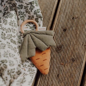 Morkos formos barškutis su mediniu kramtuku