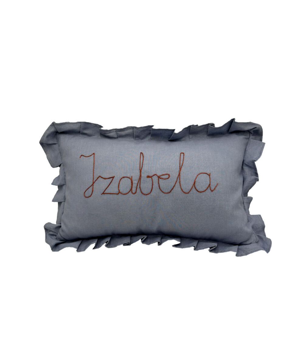 Personalizuota lininė pagalvėlė su raukiniais – mėlyna