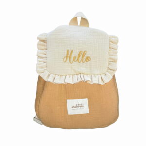 Personalizuota muslino kuprinė su raukiniais/be raukinių - camel spalva