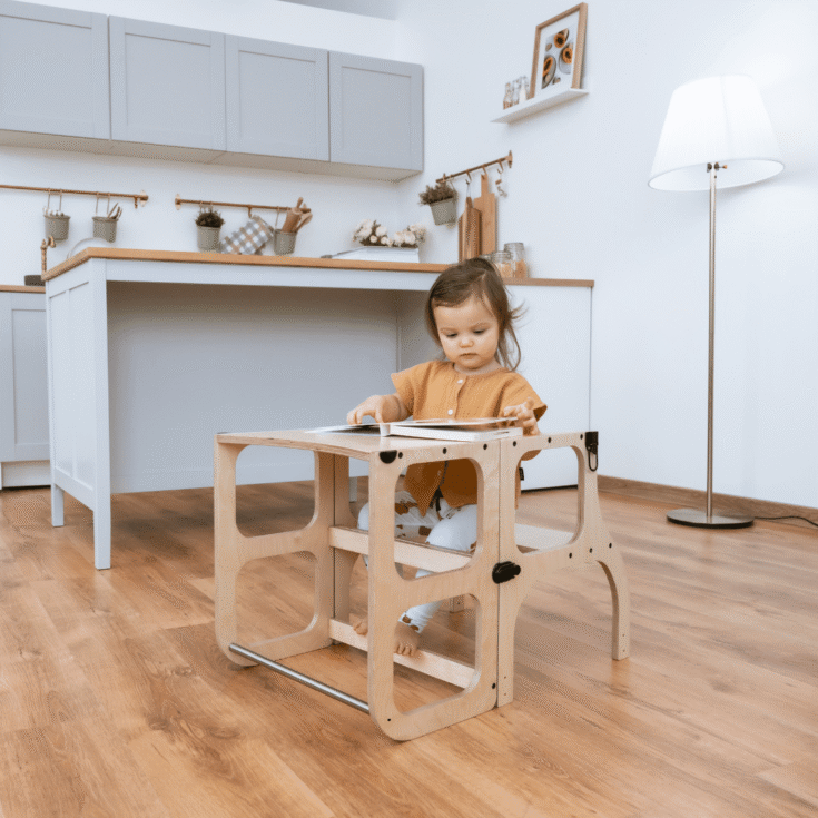 STEP'n'SIT® transformuojamas 2in1 pagalbinis bokštelis/staliukas su kėdute – natūrali mediena - Image 3