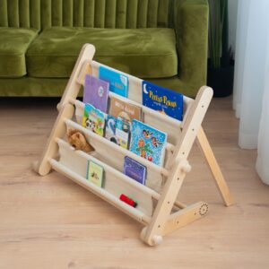 Montessori knygų lentyna – laipiojimo rėmų priedas