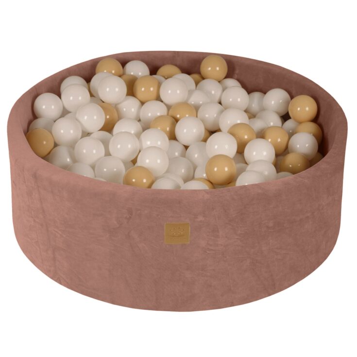 Apvalus aksominis kamuoliukų baseinas su 200 smėlinių/baltų kamuoliukų, 90×30 cm – smėlinis
