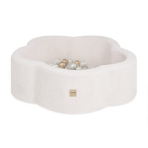 PLUSH NEST sausas kamuoliukų baseinas „Floral Fun Zone“, 95×30 cm, kreminis ėriuko audinys, su 200 kamuoliukų: perlo, auksinės, skaidrios spalvos