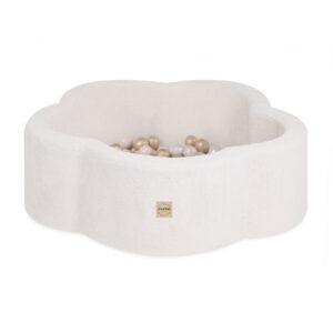 Sausas kamuoliukų baseinas PLUSH NEST „Floral Fun Zone“, 95×30 cm, kreminis ėriuko audinys, su 200 kamuoliukų: perlo, auksinė, šviesiai rožinio perlo