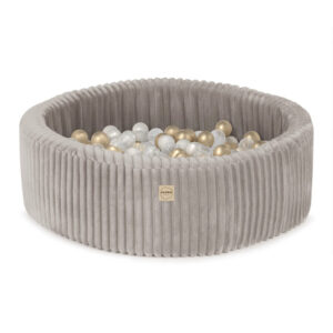PLUSH NEST apvalus sausas baseinas (+200 kamuoliukų: perlo, skaidrios ir auksinės spalvos), smėlinis, Puffy Lamell audinio