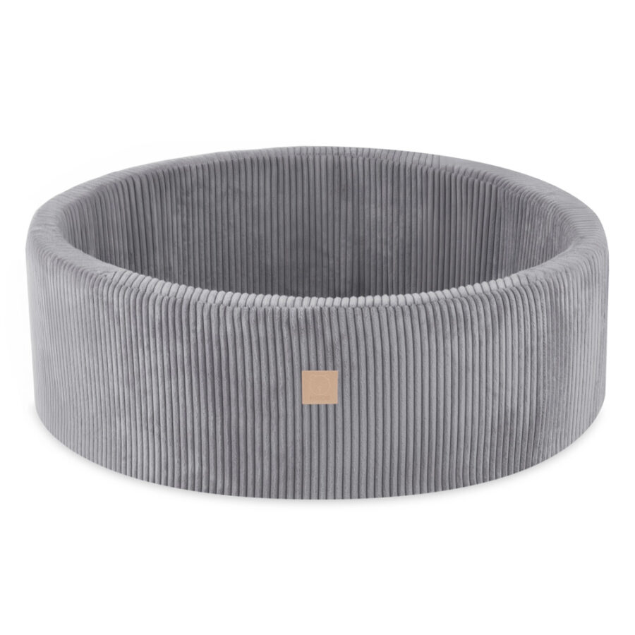 PLUSH NEST sausas kamuoliukų baseinas 90×30 cm, šviesiai pilkas, iš premium veliūro, su 200 kamuoliukų: perlo, sidabrinė, šviesiai mėlyna - Image 2