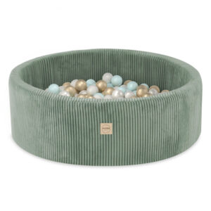 PLUSH NEST sausas kamuoliukų baseinas 90×30 cm, žalias, iš premium veliūro, su 200 kamuoliukų: perlo, perlo mėtinė, auksinė
