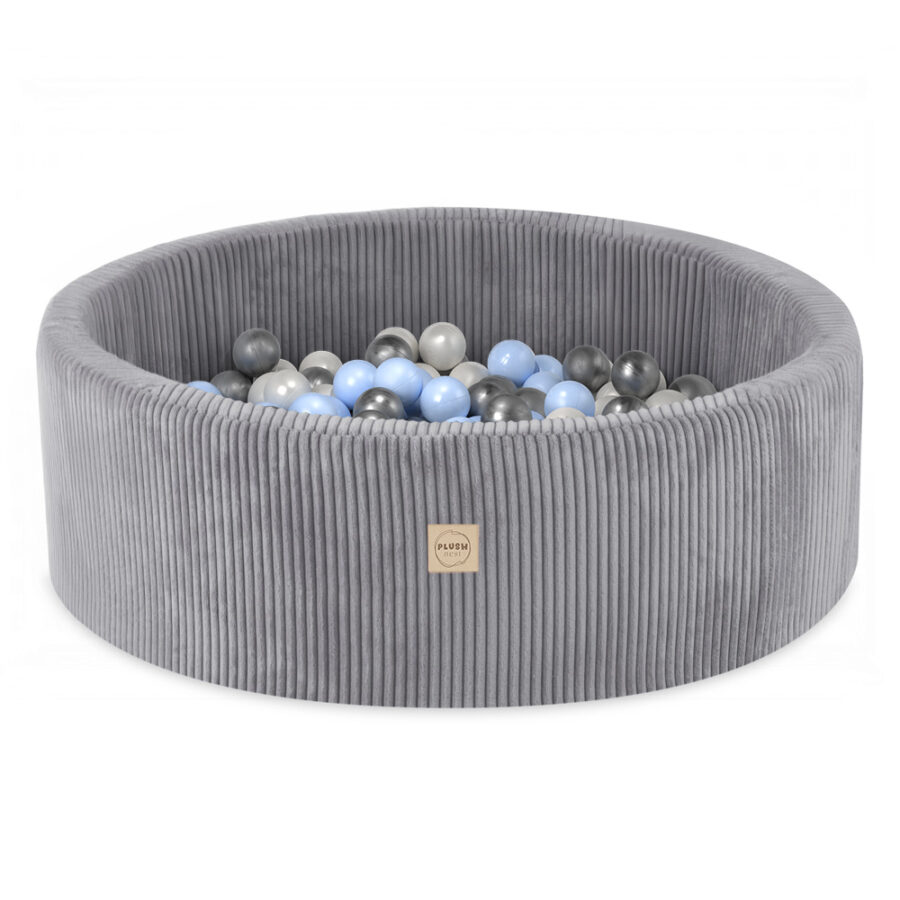 PLUSH NEST sausas kamuoliukų baseinas 90×30 cm, šviesiai pilkas, iš premium veliūro, su 200 kamuoliukų: perlo, sidabrinė, šviesiai mėlyna