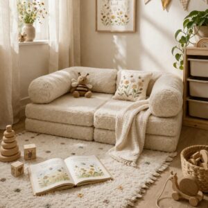 Minkšta modulinė sofa vaikams „HoneyHug“ – Teddy audinys, kreminė
