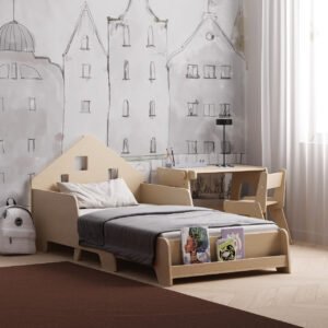 Auganti vaikiška lova-namelis su Montessori knygų lentyna ir LED apšvietimu - natūrali
